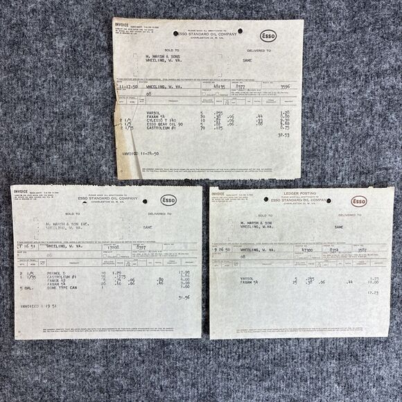 1950-51 Esso Standard Oil Invoices To M Marsh & Sons Cigar Co Wheeling WV Lot Of